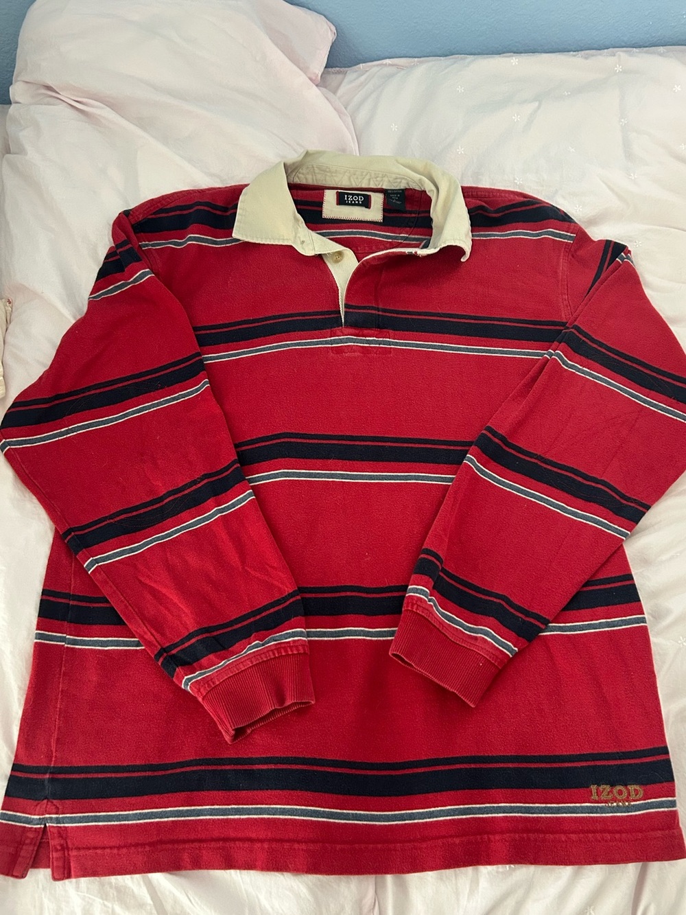 Izod Red Striped Long-Sleeve Rugby Polo with Cream Collar